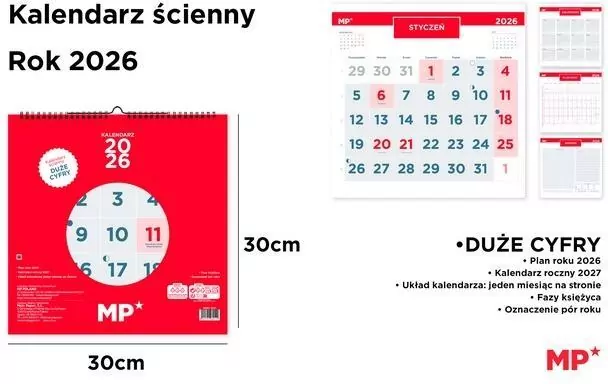 Kalendarz 2026 ścienny 30x30cm czerwony - tantis.pl