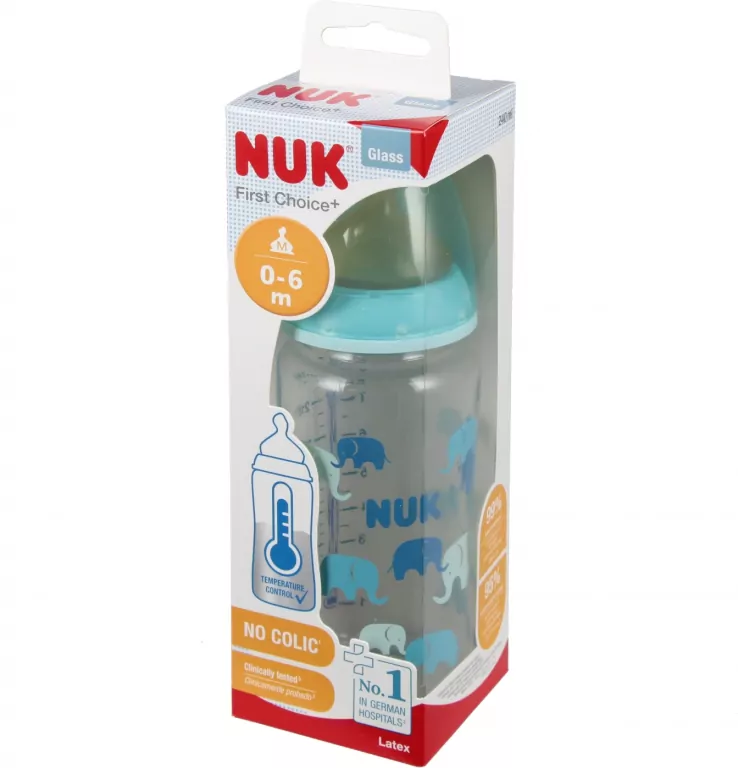 NUK. Perfect Match. Butelka szklana. 240ml. 0-6 miesięcy. Niebieskie słonie. - tantis.pl