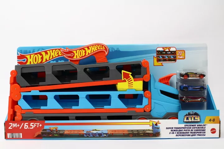 Hot Wheels Wyścigowy transporter 2w1 + 3 auta - tantis.pl