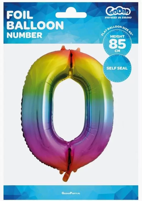 Balon foliowy 85cm. Cyfra 0 tęczowa - tantis.pl