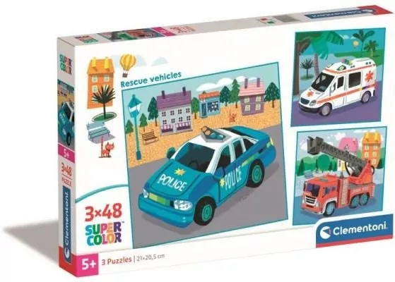 Clementoni. Puzzle 3x48. Super Kolor. Rescue vehicles - tantis.pl