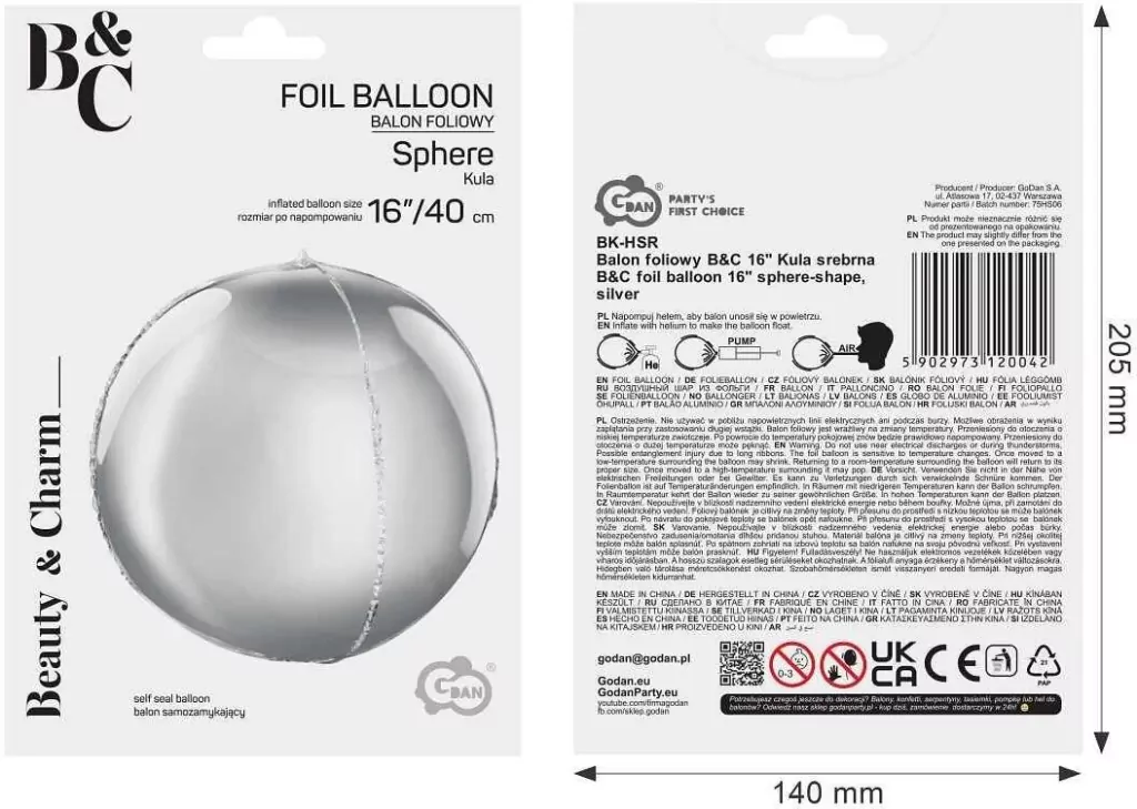 Balon foliowy B&C Kula srebrna 40cm - tantis.pl