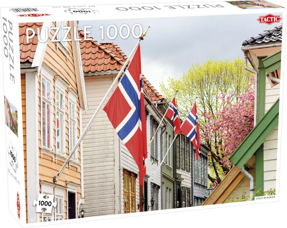 Puzzle 1000. Around the World. Northern Stars Street in Bergen with Norwegian Flags - tantis.pl