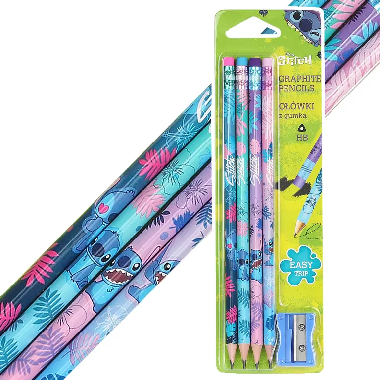Ołówki trójkątne z gumką temperówka Disney Core Stitch blister, 4 sztuki - tantis.pl