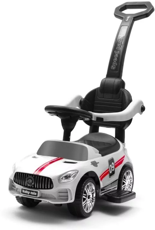 Jeździk dziecięcy z dźwiękiem i rączką Racer biały - tantis.pl