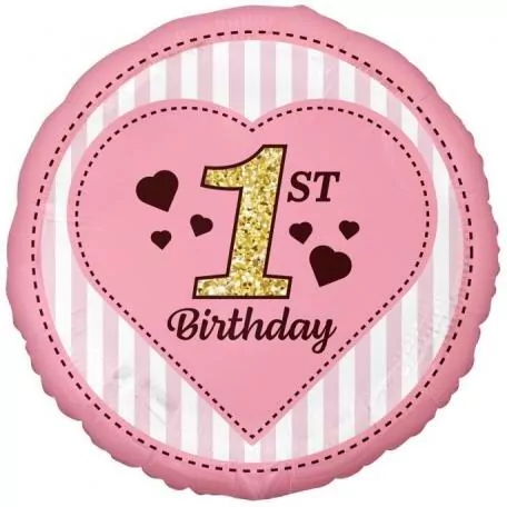 Balon foliowy 1st Birthday, różowy 45 cm - tantis.pl