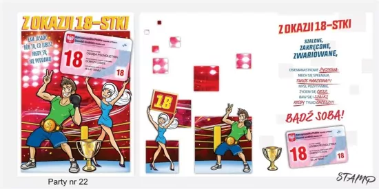 Karnet Party naklejany B6+koperta. Urodziny 18