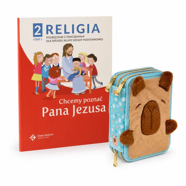 Pakiet: Chcemy poznać Pana Jezusa. Religia 2. Część 1. Podręcznik z ćwiczeniami dla klasy drugiej szkoły podstawowej / Piórnik potrójny z wyposaż. Jumbo Fluffy CapyASTRA - tantis.pl
