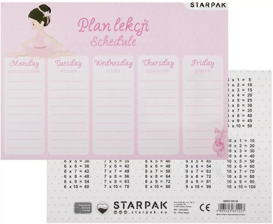 Plan lekcji z tabliczką mnożenia Balerina - tantis.pl