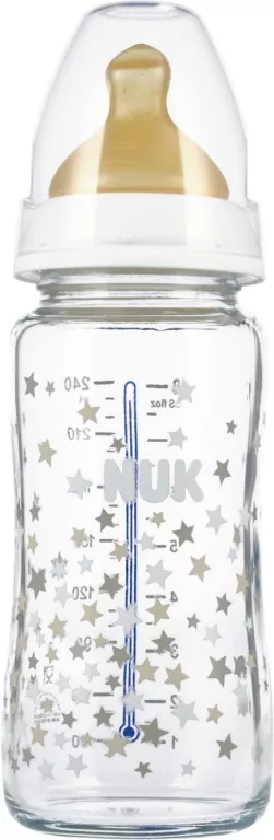 NUK. First Choice.  Butelka szklana 240 ml. 0-6 miesięcy. Gwiazdki - tantis.pl