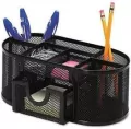 Przybornik na biurko Q-CONNECT Office Set, metalowy, z szufladką, czarny - tantis.pl