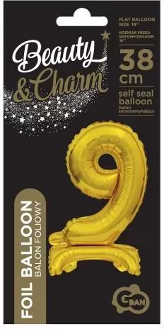 Balon foliowy B&C Cyfra stojaca "9" złota 38cm - tantis.pl