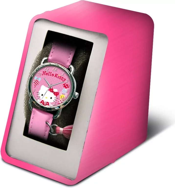 Zegarek analogowy z koralowym paskiem w metalowym opakowaniu Hello Kitty - tantis.pl
