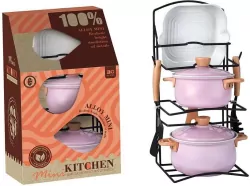 Zestaw garnków metalowych na stojaku