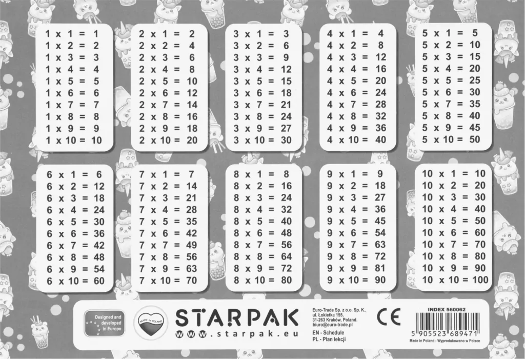 Plan lekcji z tabliczką mnożenia - tantis.pl