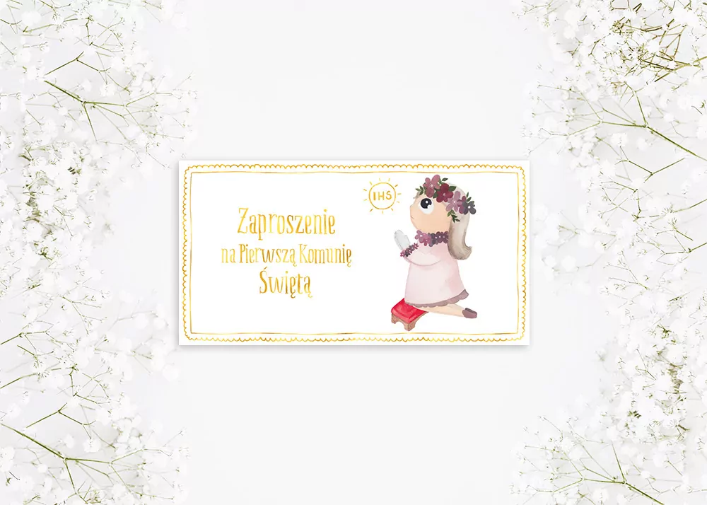 Zaproszenie - Komunia dziewczynka złoty (10 szt.) - tantis.pl
