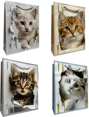 Torebka prezentowa L metalizowana Kotki mix