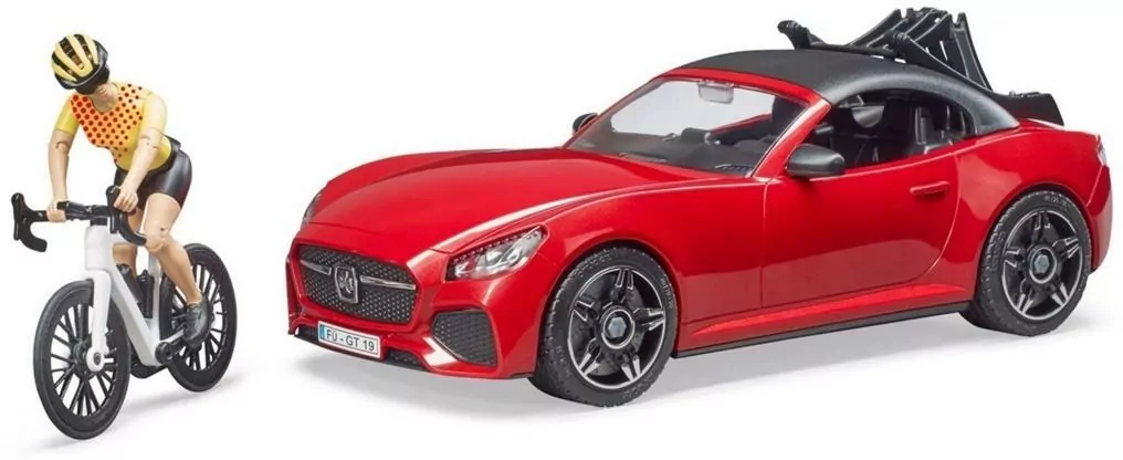 Auto Roadster czerwone z figurką kolarki i rowerem - tantis.pl