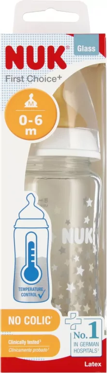 NUK. First Choice.  Butelka szklana 240 ml. 0-6 miesięcy. Gwiazdki - tantis.pl