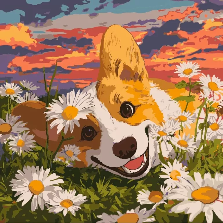 Malowanie po numerach - Corgi w stokrotka 40x40cm - tantis.pl