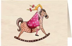 Karnet drewniany C6 + koperta Dziewczynka na koniku na biegunach