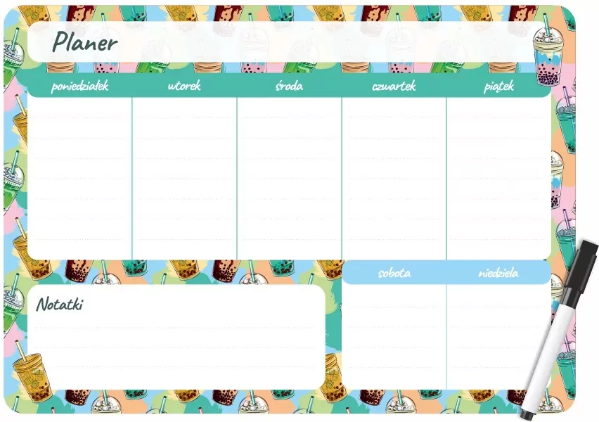 Planer magnetyczny 35x25 tygodniowy z nadrukiem bubble tea - tantis.pl