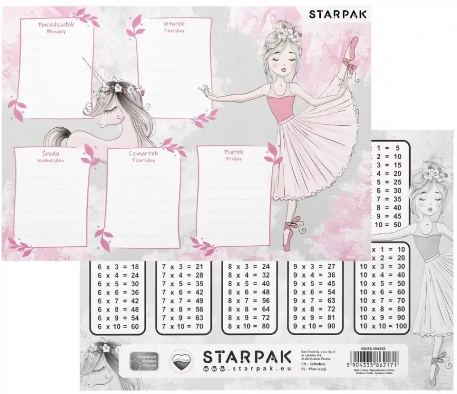 Plan lekcji z tabliczką mnożenia Balerina - tantis.pl