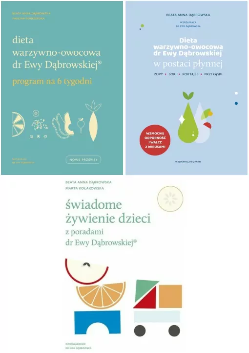 Pakiet: Dieta warzywno-owocowa dr Ewy Dąbrowskiej. Program na 6 tygodni / Świadome żywienie dzieci z poradami dr Ewy Dąbrowskiej/ Dieta warzywno-owocowa dr Ewy Dąbrowskiej w postaci płynnej. Zupy, soki, koktajle, przekąski - tantis.pl