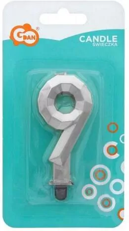 Świeczka cyferka 9 - Diament metalik srebrny 7,6cm - tantis.pl