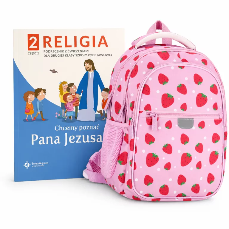 Pakiet: Chcemy poznać Pana Jezusa. Religia 2. Część 2. Podręcznik z ćwiczeniami dla klasy drugiej szkoły podstawowej / Plecak 1- komorowy Fruit Truskawka Starpak - tantis.pl
