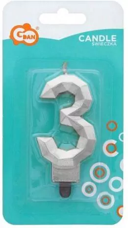 Świeczka. Cyfra 3. Diament srebrny metalik 7,6cm - tantis.pl
