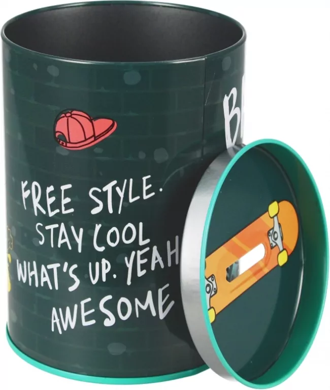 Skarbonka metalowa okrągła Skate Dino - tantis.pl