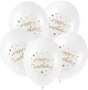 Balony ze złotym nadrukiem. Happy Birthday, 5 sztuk - tantis.pl