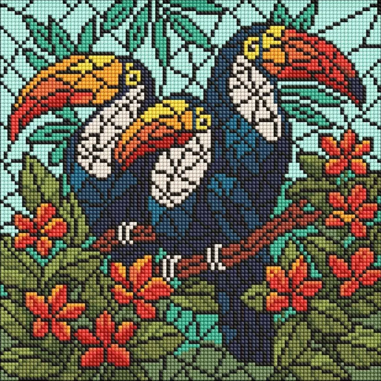 Diamentowa mozaika - Witraż. Trio tukanów 30x30cm - tantis.pl