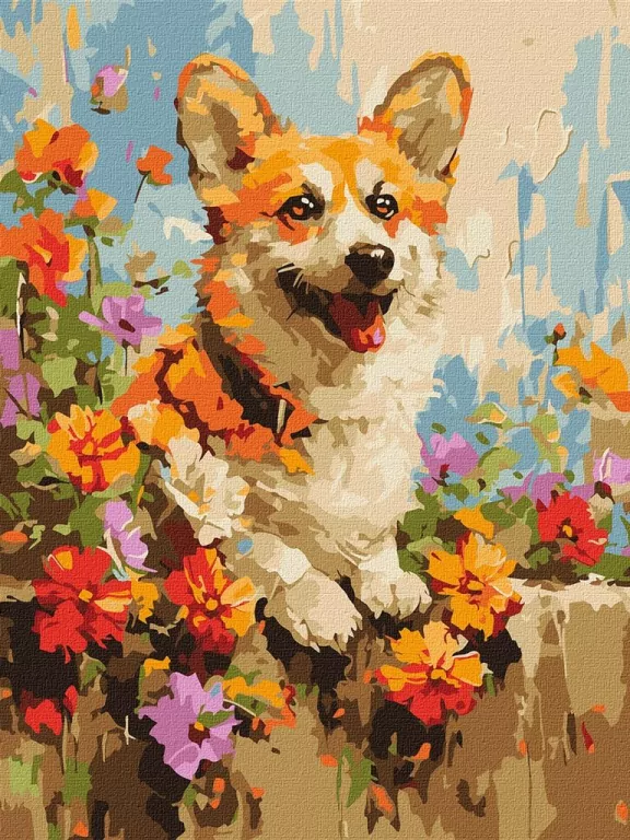 Malowanie po numerach. Corgi w kwiatach 30x40cm - tantis.pl