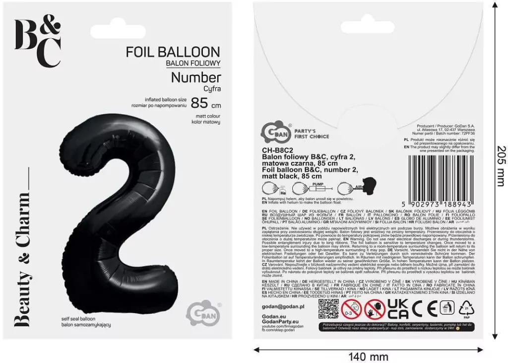Balon foliowy B&C cyfra 2 matowa czarna 85cm - tantis.pl