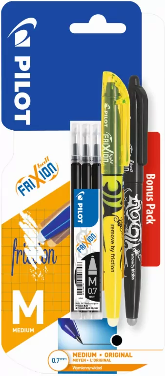 Pióro kulkowe Frixion Ball Pilot 0,7 czarne x1 + wkład Frixion Ball 0,7 czarny x3 + zakreślacz żółty x1 blister - tantis.pl