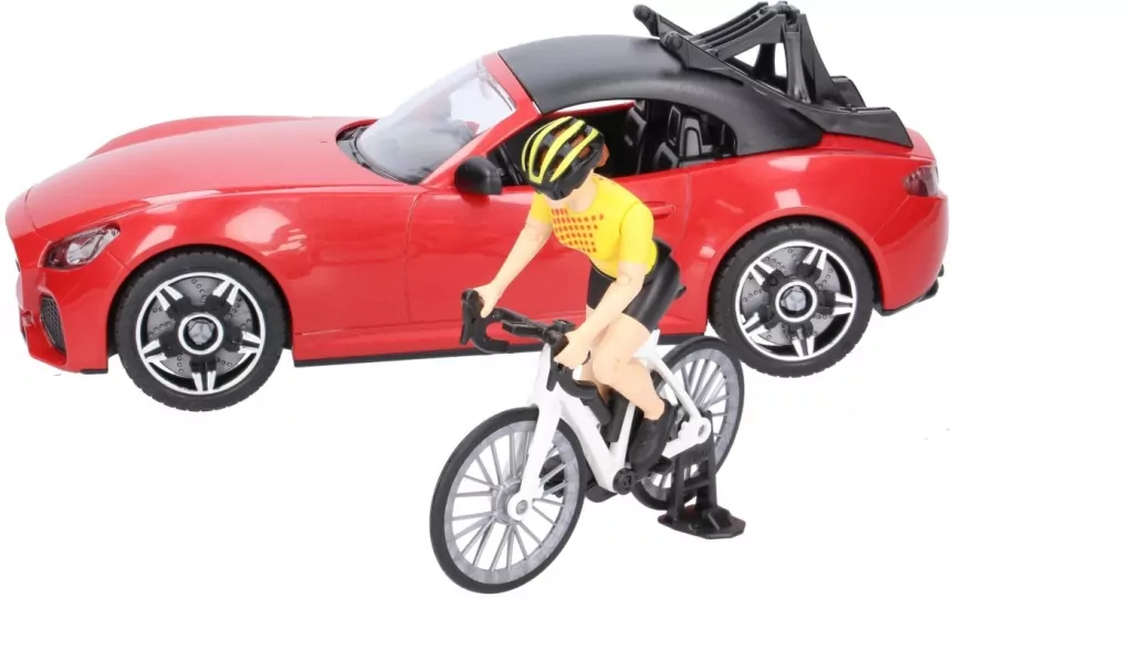 Auto Roadster czerwone z figurką kolarki i rowerem - tantis.pl
