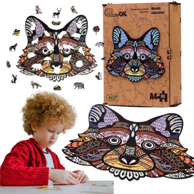 Puzzle drewniane eko. Wesoły szop pracz. A4. 80 el. - tantis.pl