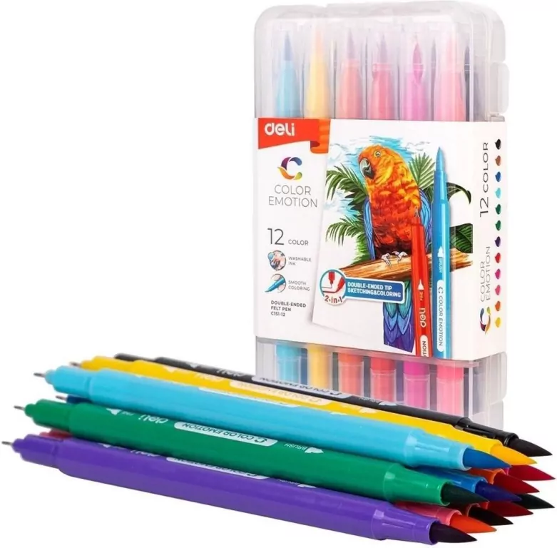 Flamastry dwustronne Color Emotio 12 kolorów DELI - tantis.pl