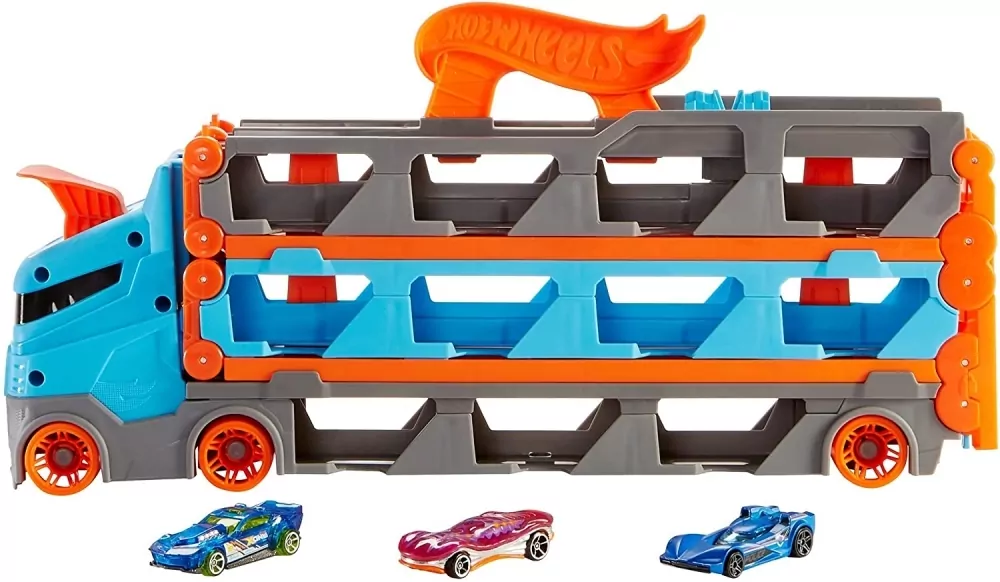 Hot Wheels Wyścigowy transporter 2w1 + 3 auta - tantis.pl
