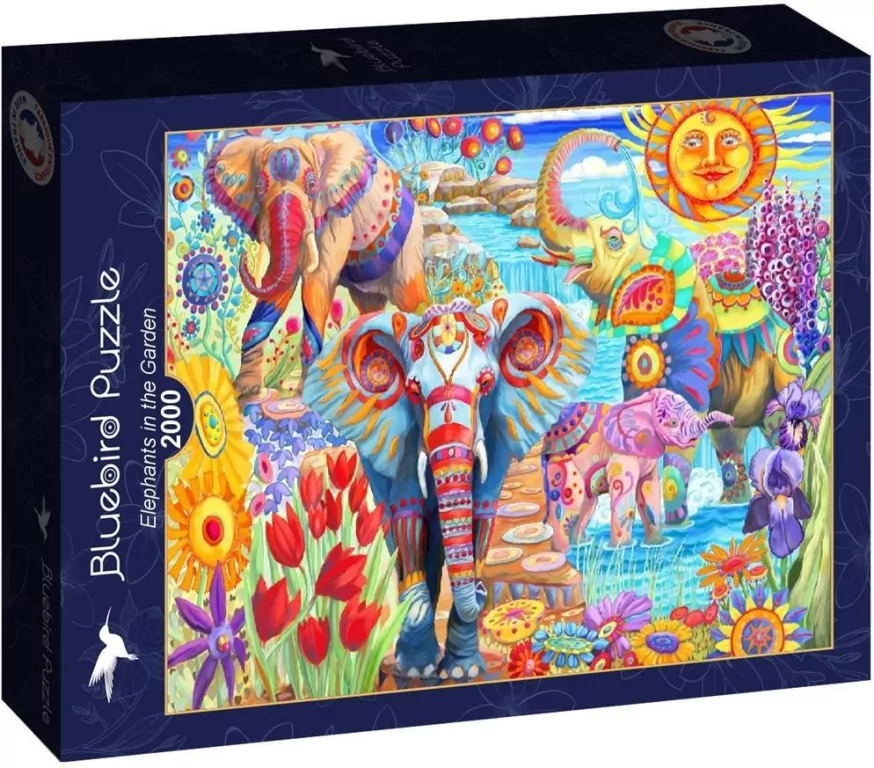 Puzzle 2000 Kolorowe słonie w ogrodzie - tantis.pl