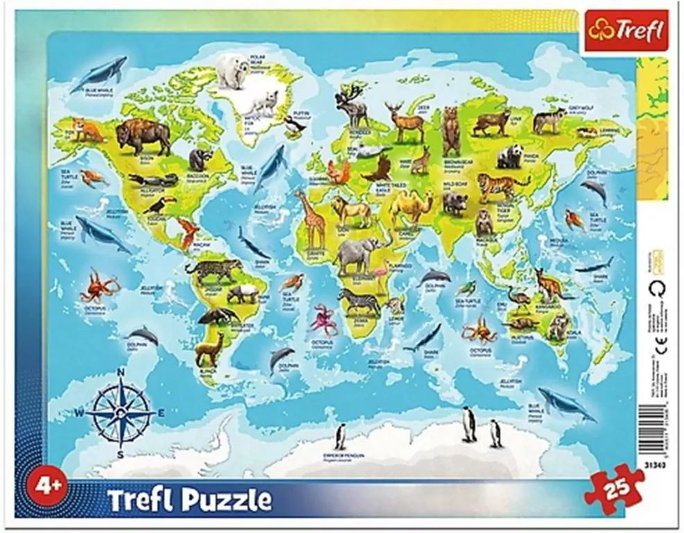 Trefl. Puzzle ramkowe 25. Mapa świata ze zwierzętami - tantis.pl