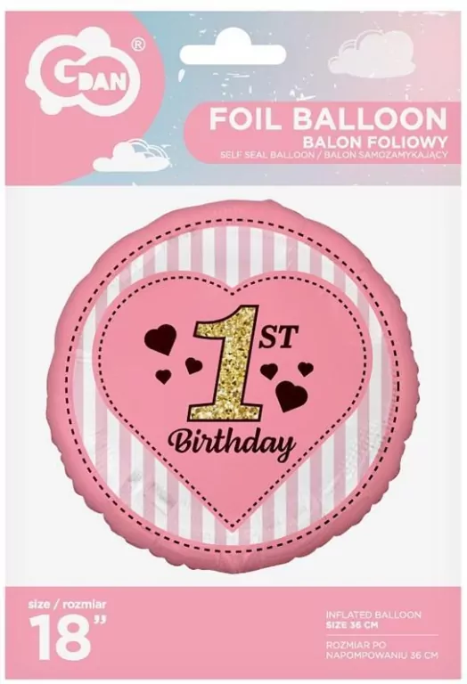 Balon foliowy 1st Birthday, różowy 45 cm - tantis.pl