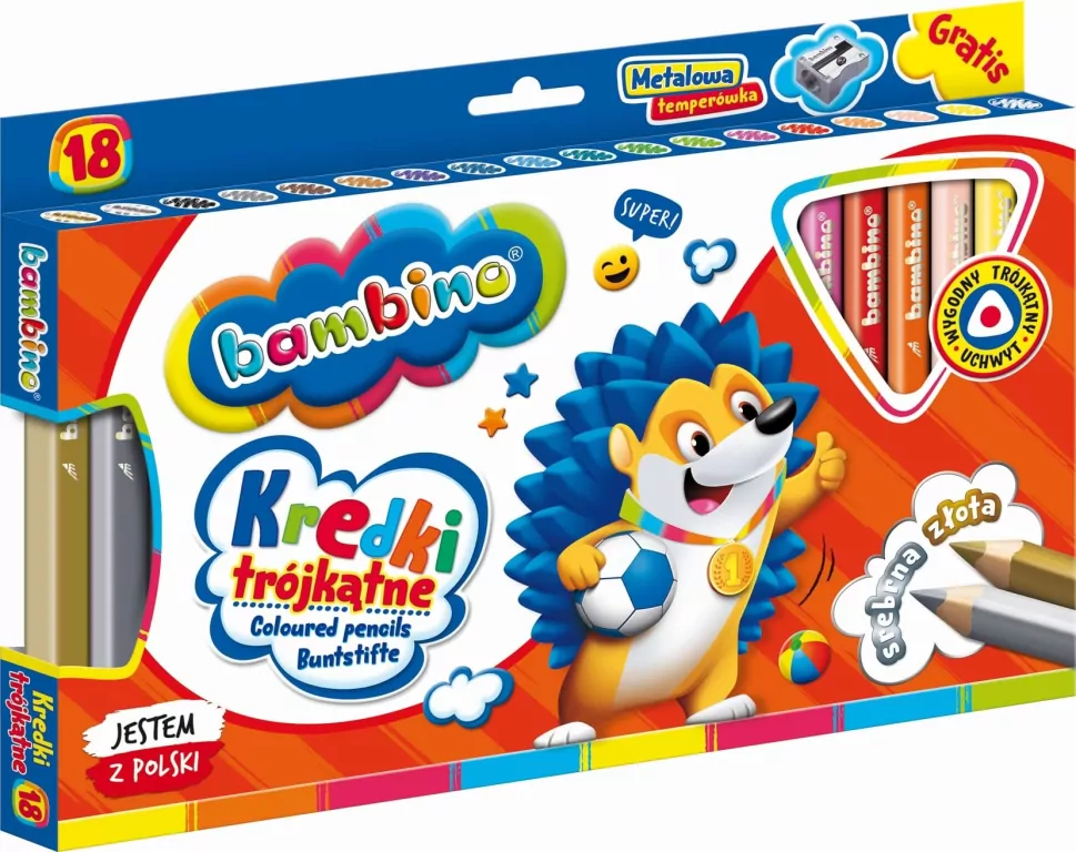 Kredki Bambino trójkątne w oprawie drewnianej. 18 kolorów + temperówka - tantis.pl