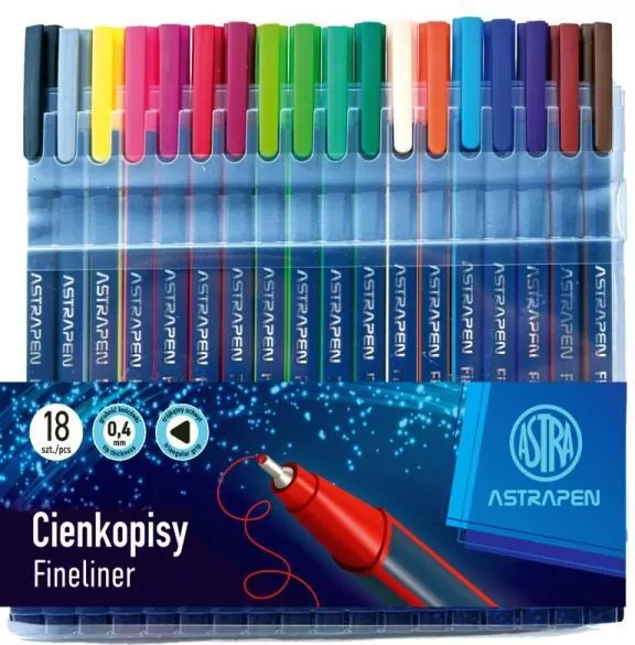 Cienkopisy trójkątne 0,4mm 18 kolorów ASTRA - tantis.pl