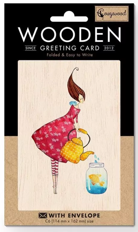 Karnet drewniany C6 + koperta. Złota rybka. - tantis.pl