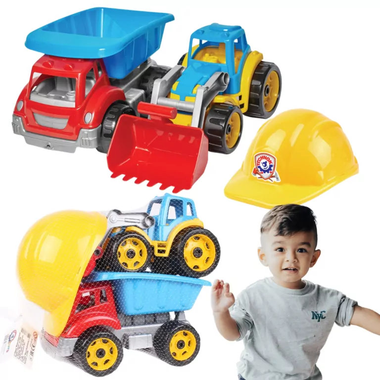 Koparka z wywrotką i kaskiem. Zestaw budowlany - tantis.pl