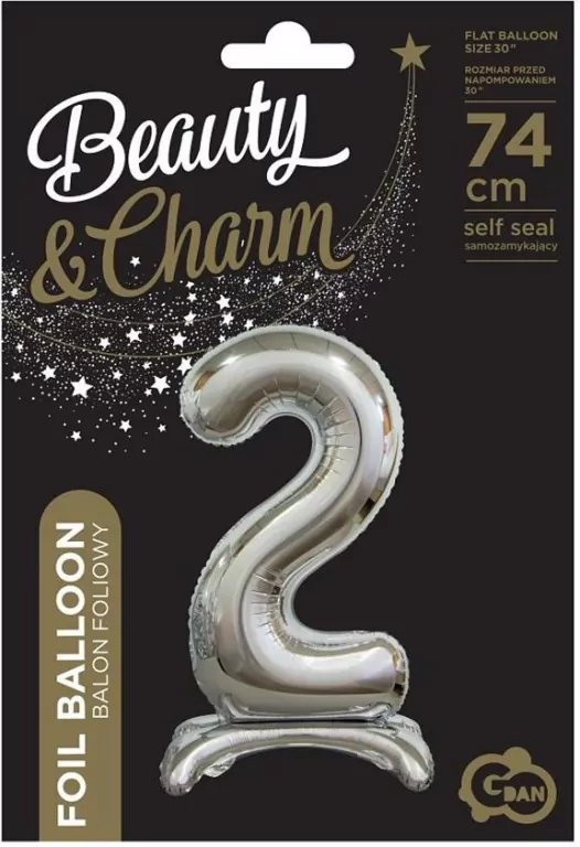 Balon foliowy 2, stojący, srebrny, 74 cm - tantis.pl