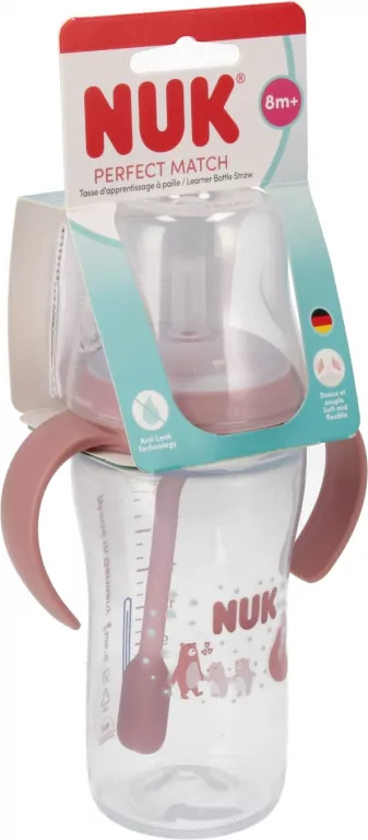 NUK. Butelka do nauki picia ze słomką. 260 ml. Miś - tantis.pl